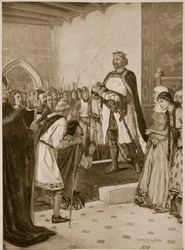 Koning Edward I presenteert zijn zoon Edward aan de Welshe stamhoofden in Carnarvon Castle als hun Prins van Wales